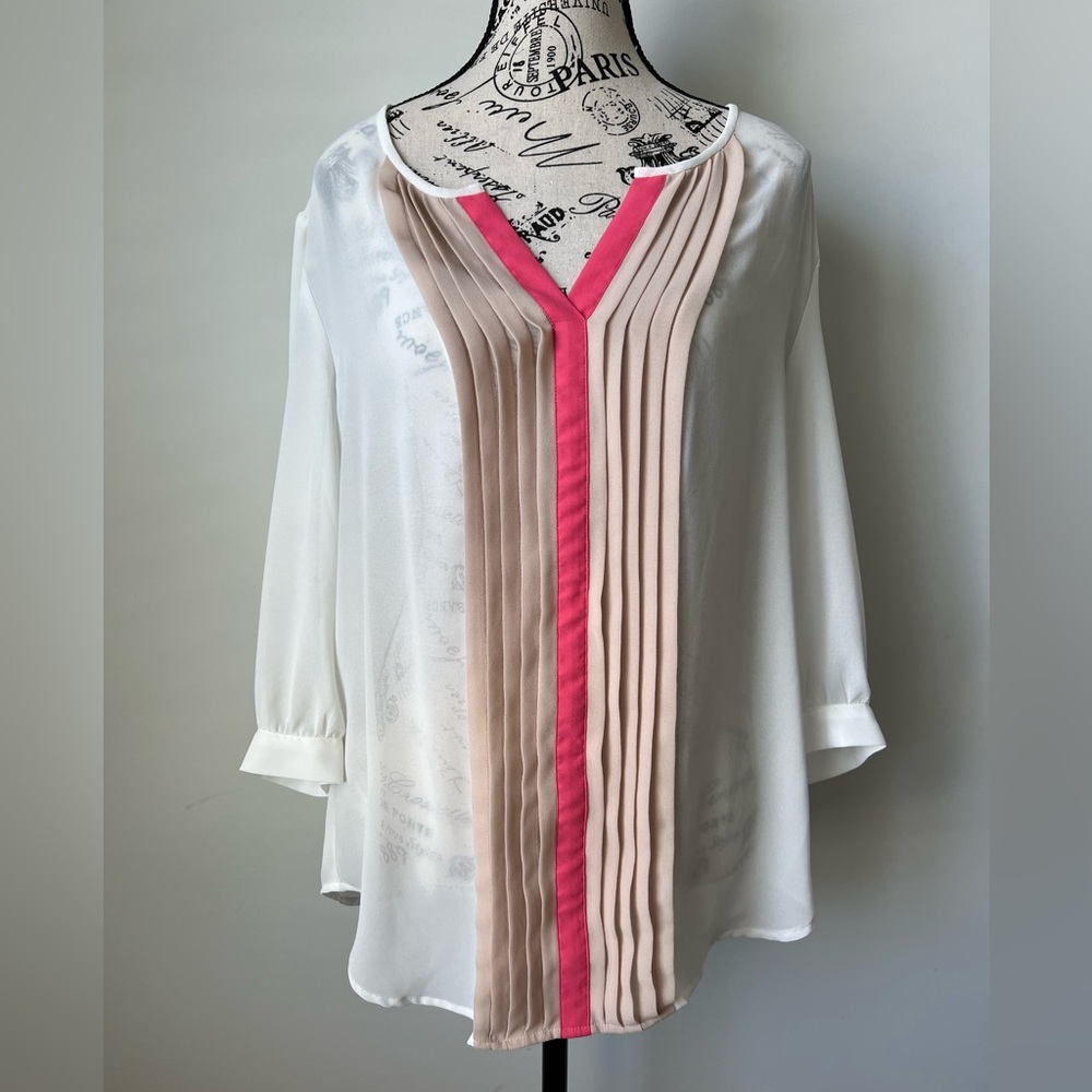 Ann Taylor Off-White w/ Beige & Pink Front‎ Pleats 3/4 Sleeve Blouse Size Large